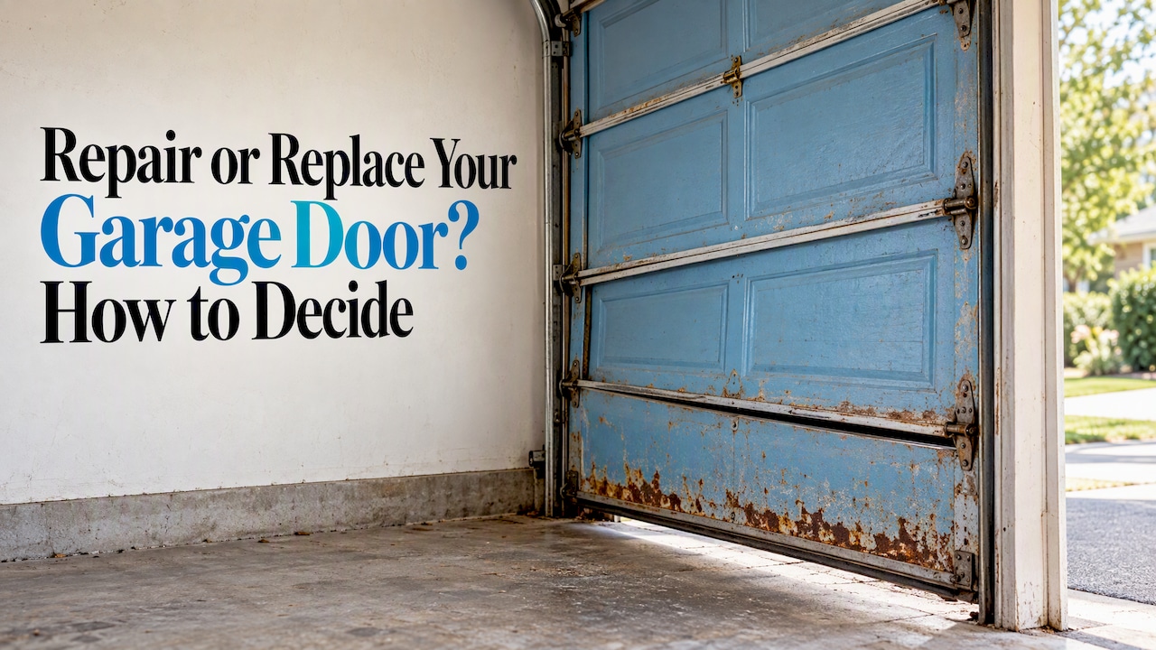 A worn blue garage door with rust
