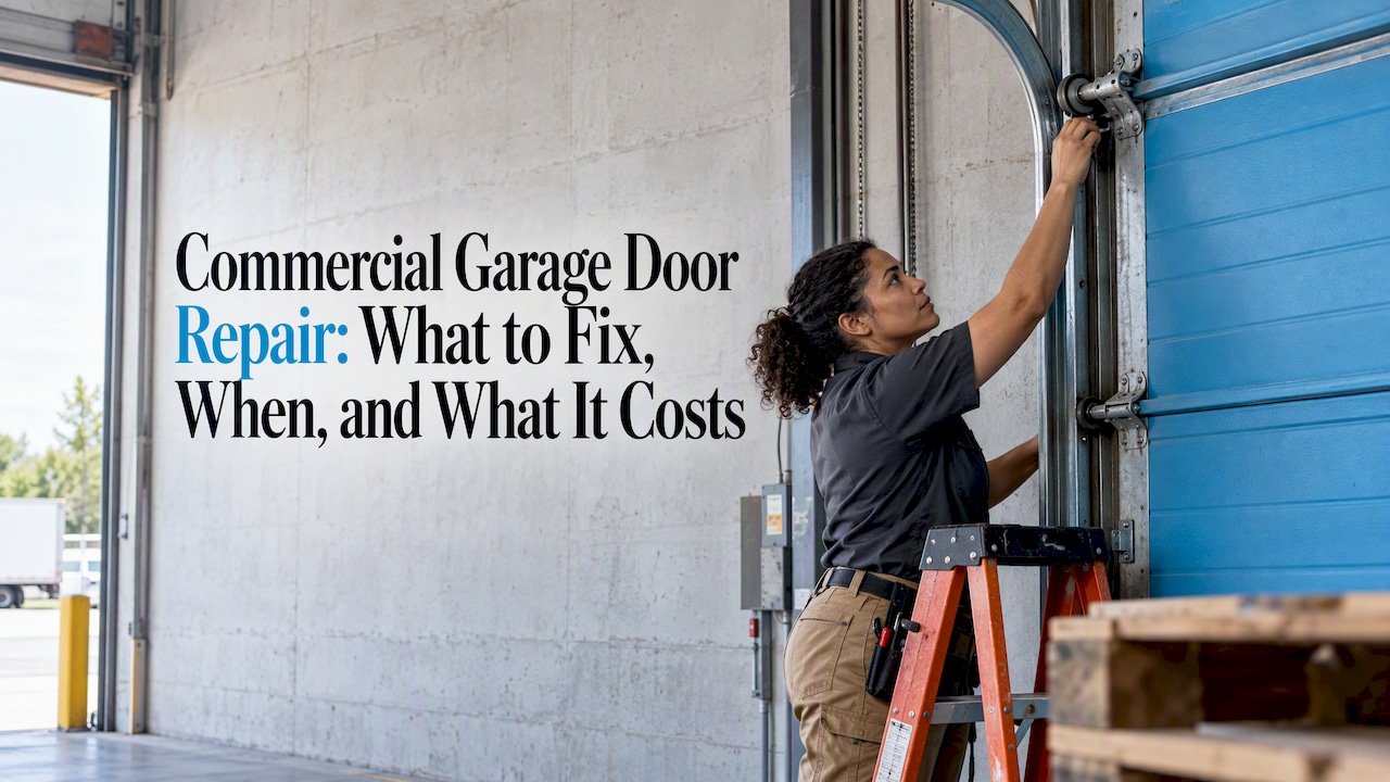 Technician inspecting roller on commercial overhead door