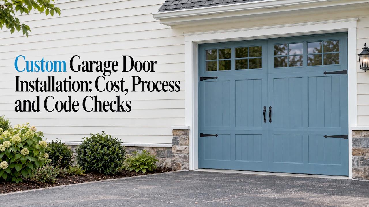 Custom blue garage door on a New England home